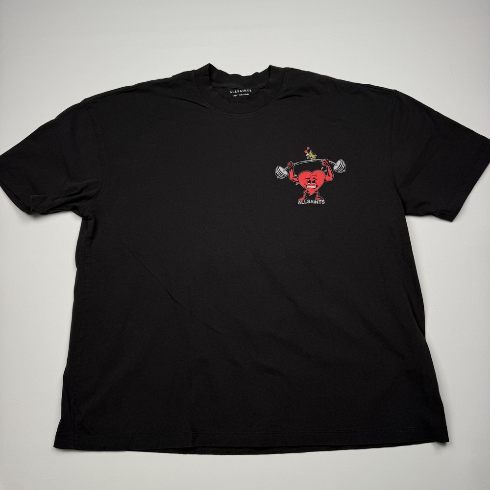 AllSaints Shirt Mens Large Black Heart Weightlifting Graphic T-Shirt Tee Gym